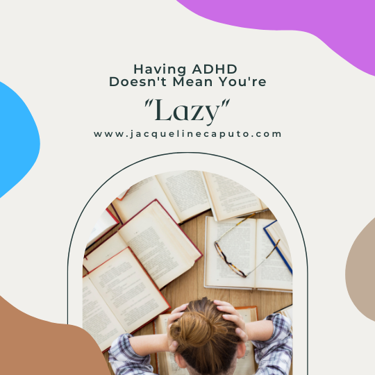 Books scattered on a table and woman holding her head | ADHD and Laziness